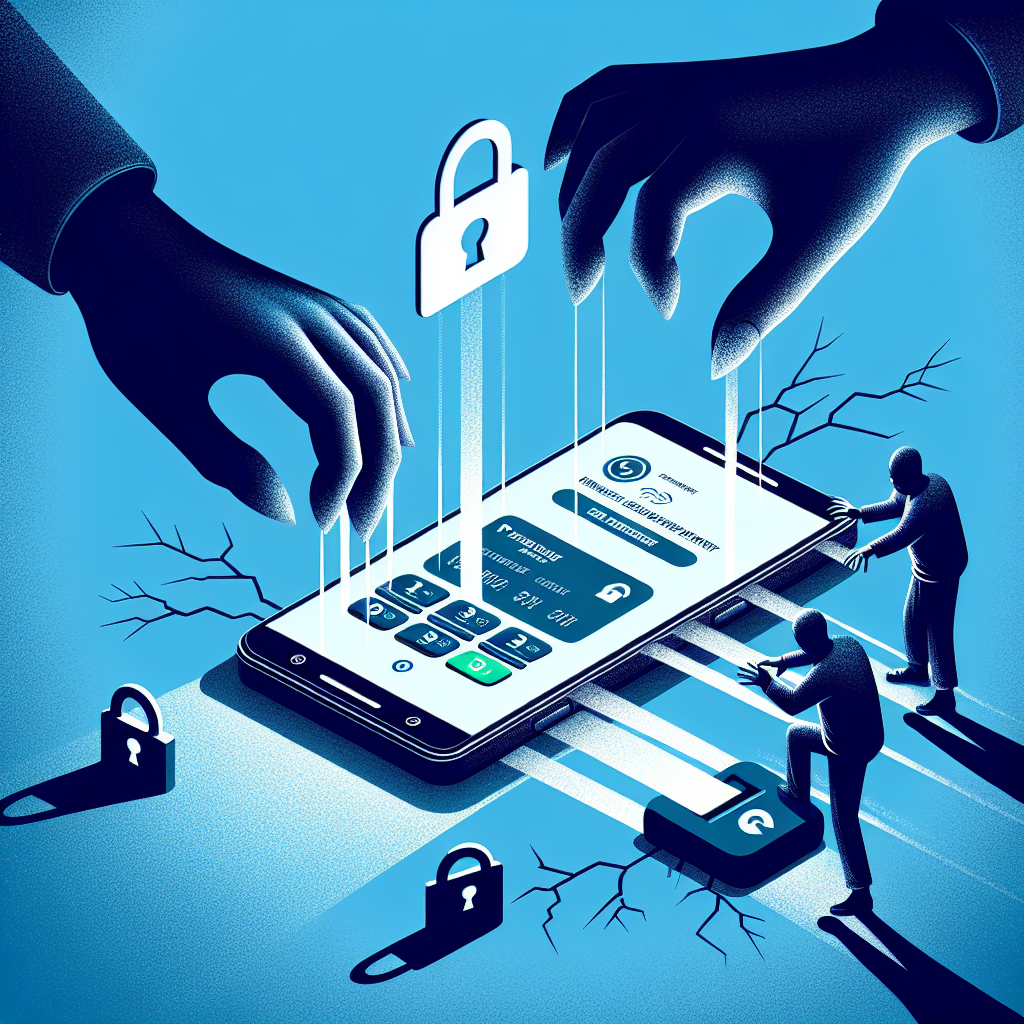 "Illustration of a hacker exploiting vulnerabilities in mobile payment systems, highlighting security risks and threats to digital transactions."